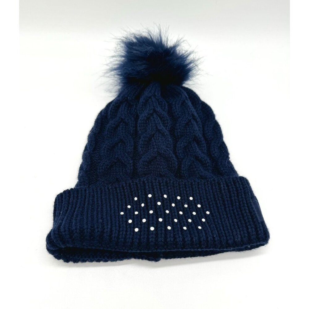 Swarovski Crystal Knit Winter Hat Navy Blue Faux Fur Pom Pom
